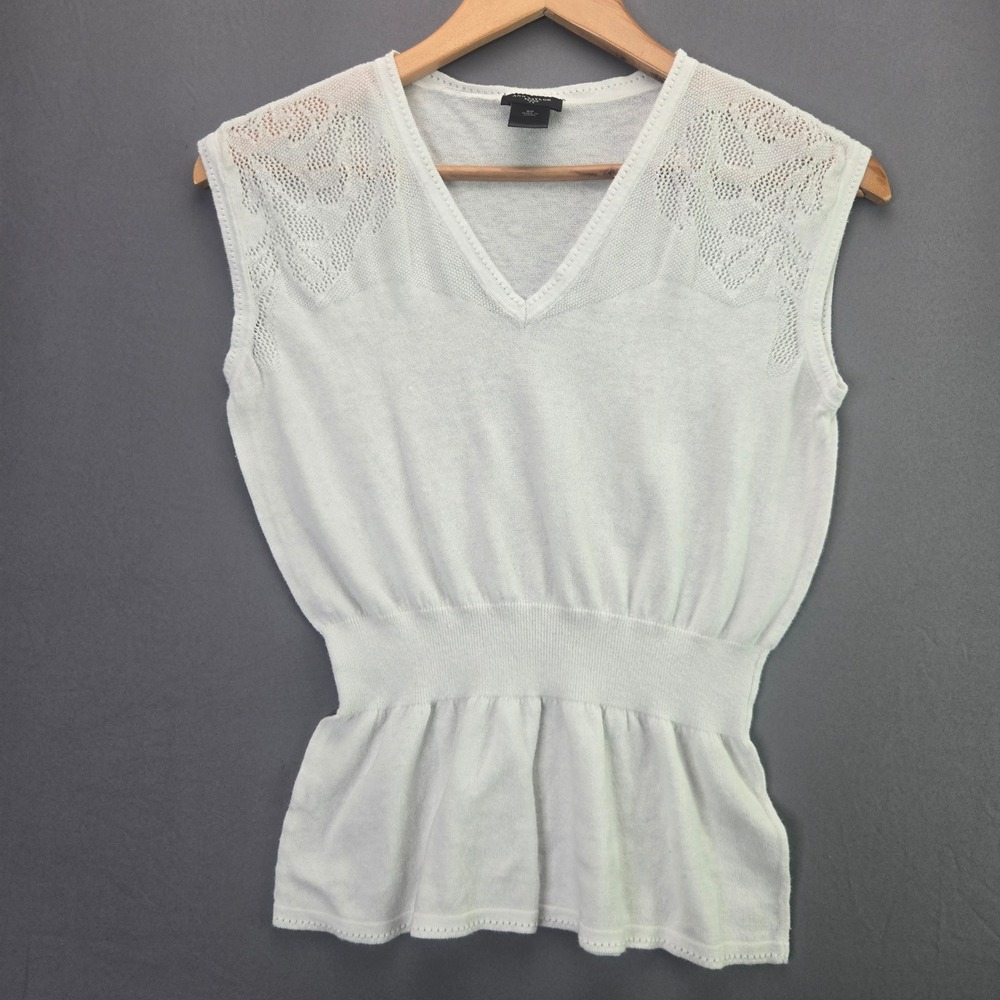 Ann Taylor Petite Sweater Top V-Neck Peplum Pointelle White SP Cotton Sleeveless